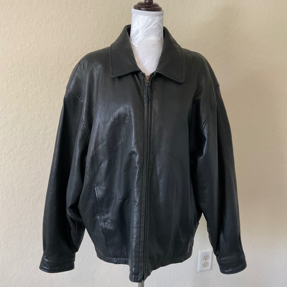 Vintage Couturé J Park Black Leather Bomber Jacket Mens L 90s Minimalist - Picture 2 of 8